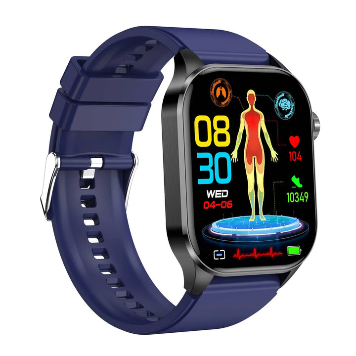 Zwarte, moderne smartwatch met geavanceerde EKG, bloedsuiker & bloeddruk monitoring functies.