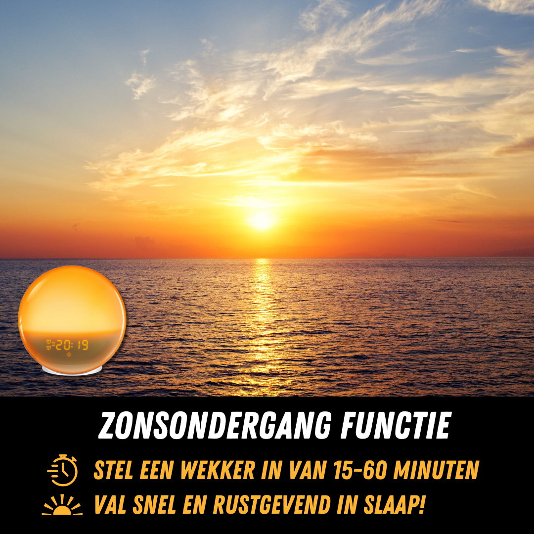 "Wake-up Light met zonsopgangsimulatie, natuurlijke kleuren, rustgevende geluiden voor een zachte en serene ontwaking."