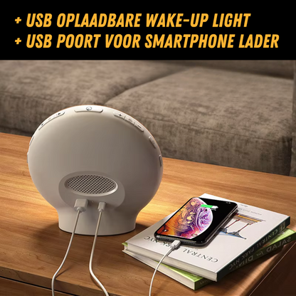 "Wake-up Light met zonsopgangsimulatie, natuurlijke kleuren, rustgevende geluiden voor een zachte en serene ontwaking."