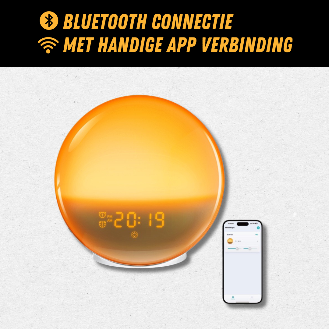 "Wake-up Light met zonsopgangsimulatie, natuurlijke kleuren, rustgevende geluiden voor een zachte en serene ontwaking."