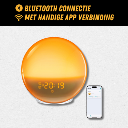 "Wake-up Light met zonsopgangsimulatie, natuurlijke kleuren, rustgevende geluiden voor een zachte en serene ontwaking."