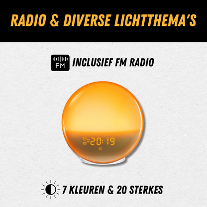 "Wake-up Light met zonsopgangsimulatie, natuurlijke kleuren, rustgevende geluiden voor een zachte en serene ontwaking."