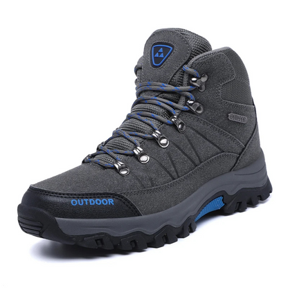 "Wandelschoenen heren, waterdicht en slipvast, robuust design in zwart-blauw; ideaal voor outdooractiviteiten."