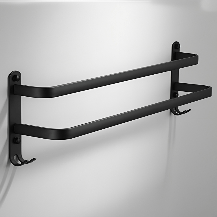 Ruimtebesparend wandrek voor handdoeken, flexibel aluminium design, ideaal voor badkamer opbergen.