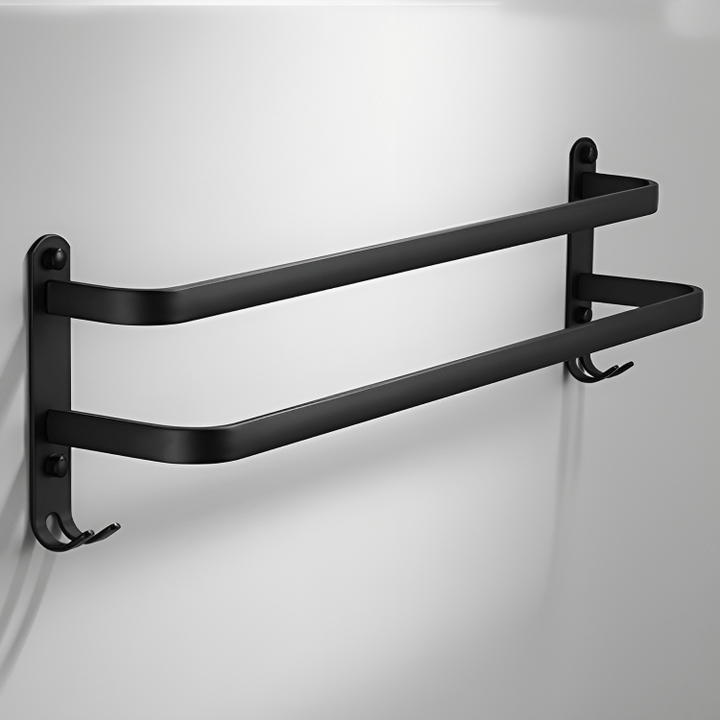 Ruimtebesparend wandrek voor handdoeken, flexibel aluminium design, ideaal voor badkamer opbergen.