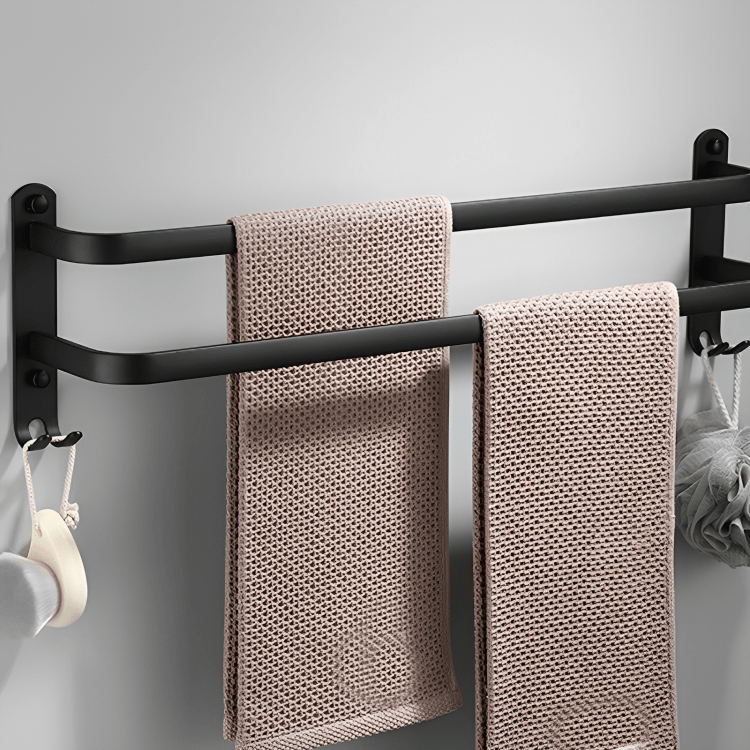 Wandgemonteerde handdoekhouder met flexibel droogrek functie, modern design voor elke badkamer.