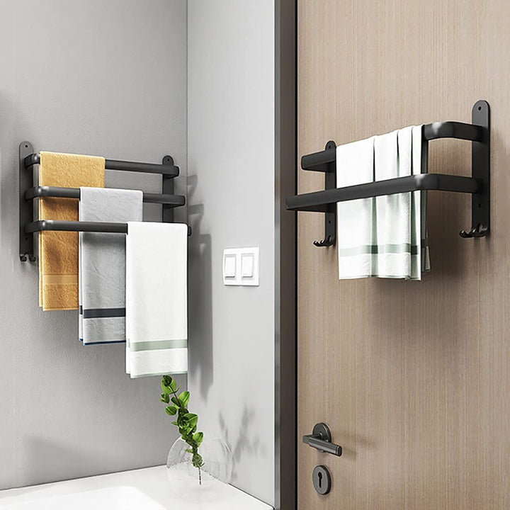 Flexibele handdoekhouder wandmontage, wit aluminium, perfect droogrek voor kleine badkamers, modern.