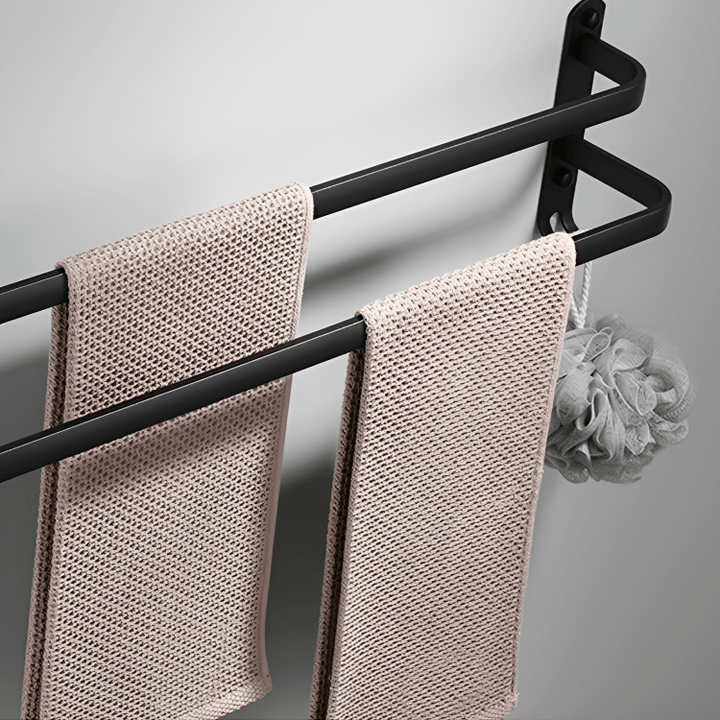 Flexibele opbergplank en handdoekhouder in één, wandmontage voor badkamer, aluminium.