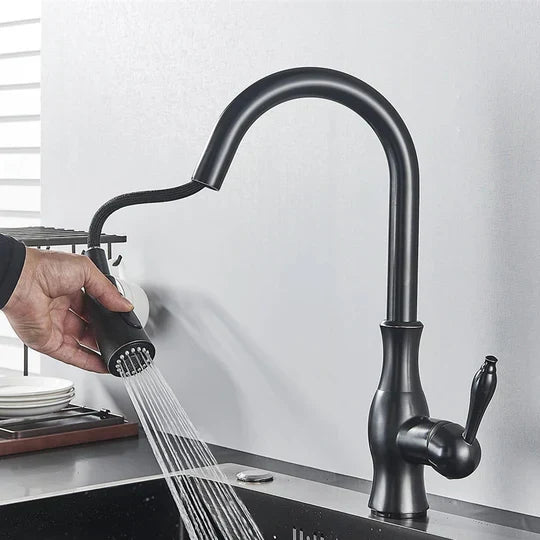 Matte zwarte uittrekbare keukenkraan, robuust en modern voor de spoelbak. Flexibel keukenarmatuur.
