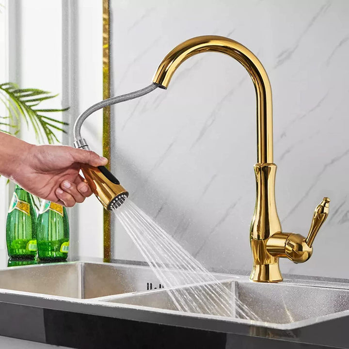 Uittrekbare keukenkraan, flexibel in gebruik voor afwas en vullen van pannen. Modern RVS design.
