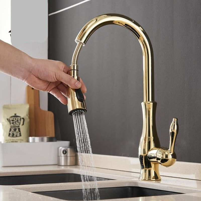 Uittrekbare keukenkraan in mat zwart met chroom accenten. Flexibel keukenarmatuur voor de spoelbak.