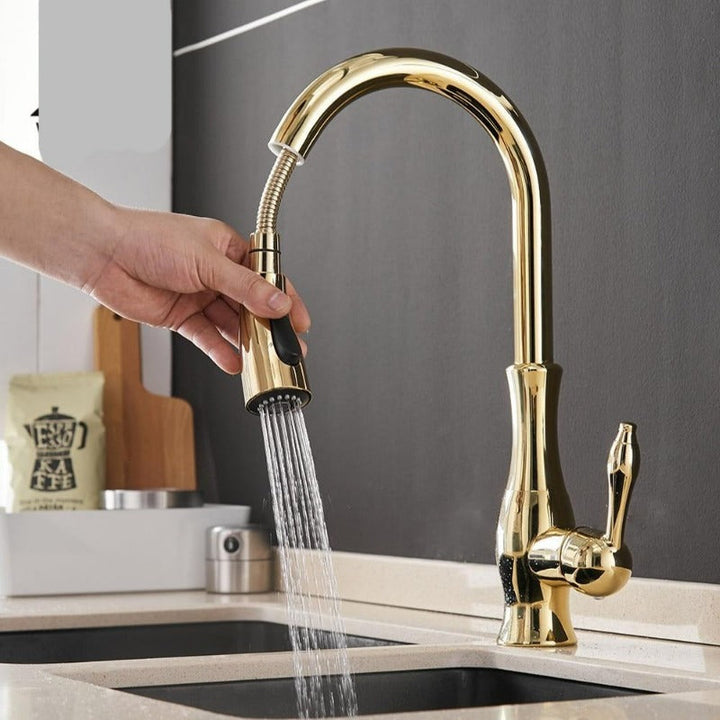 Uittrekbare keukenkraan in mat zwart met chroom accenten. Flexibel keukenarmatuur voor de spoelbak.