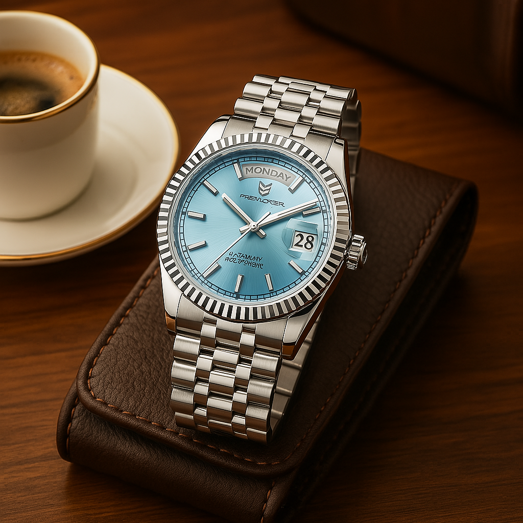 De achterzijde van het automatische herenhorloge toont het zelfopwindende uurwerk en robuuste kast.