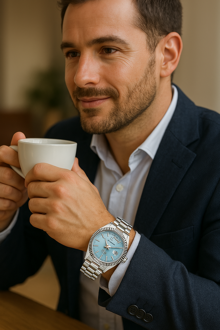 Man draagt stijlvol automatisch herenhorloge van roestvrij staal, perfect voor elke gelegenheid.