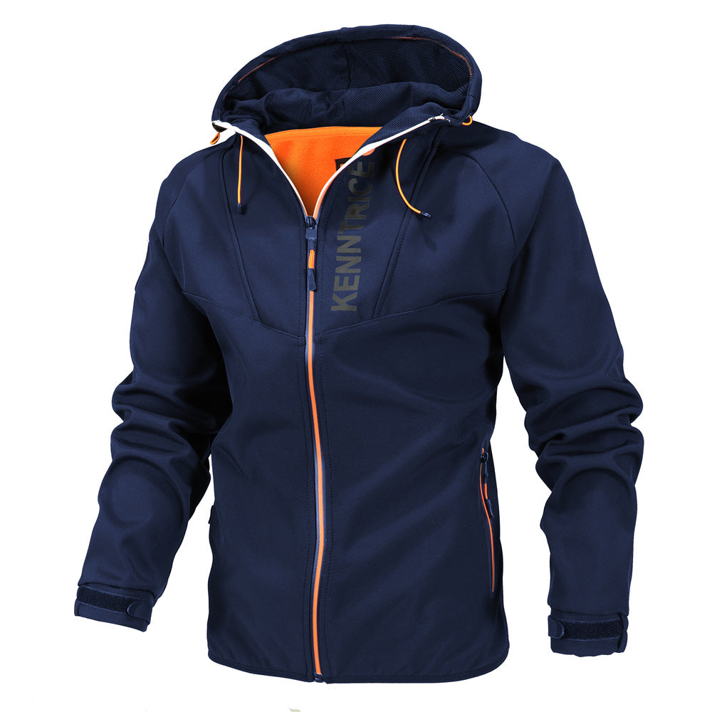 Water- en winddichte herenjas, stijlvol design, marineblauw/oranje, ademend en lichtgewicht, perfect voor alle seizoenen.