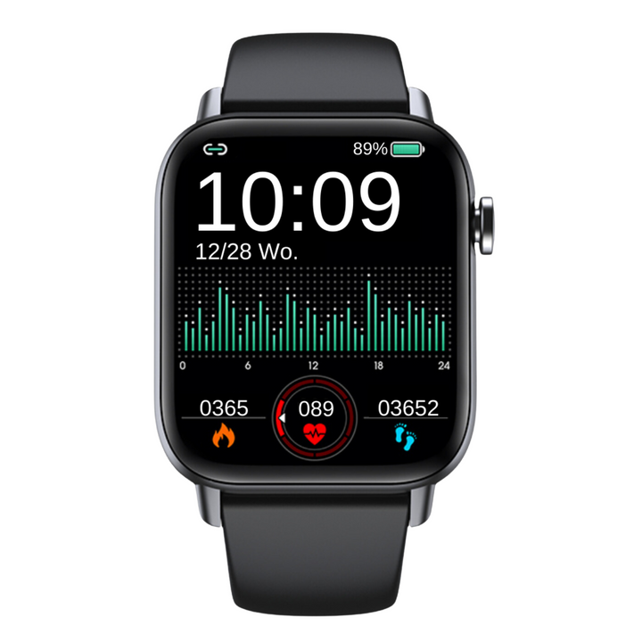 Vrouw draagt elegante digitale horloge, perfect voor welzijn, fitness en stijlvol leven.