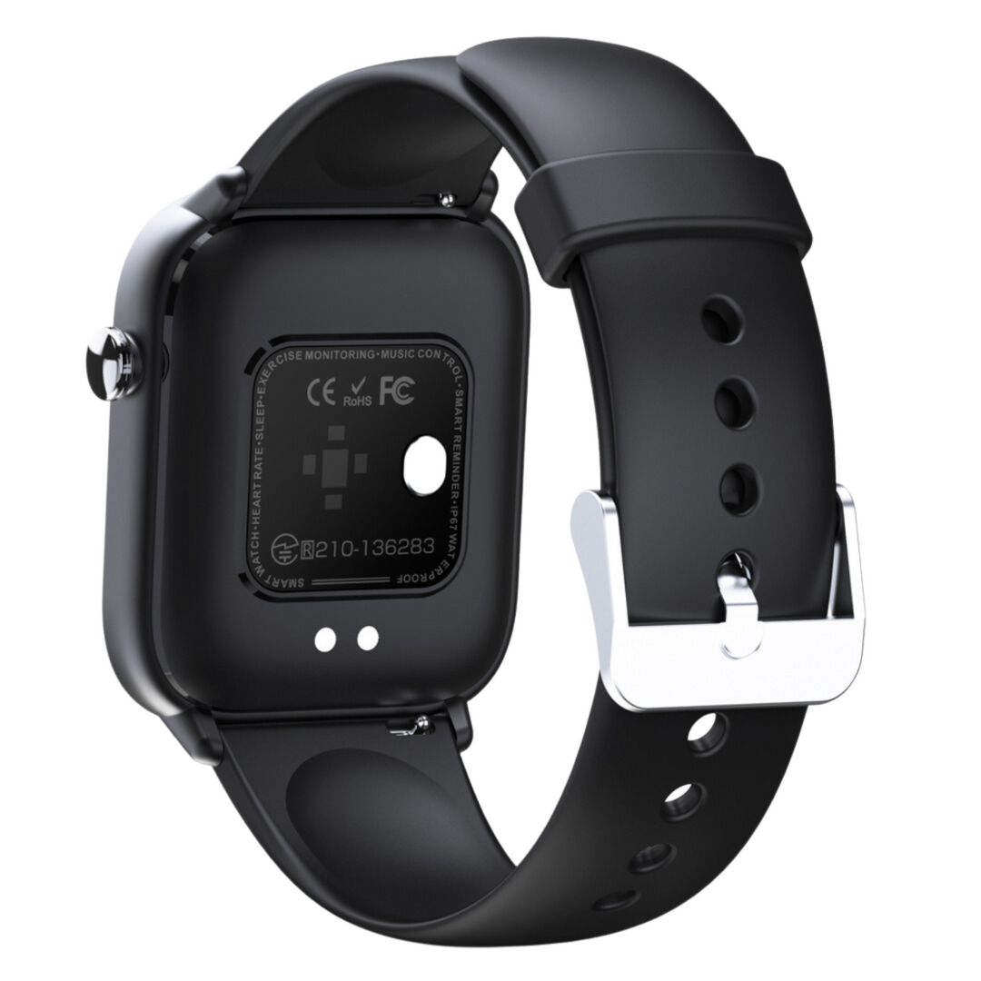 Close-up display van smartwatch met hartslag, stappen en calorieën, essentieel voor gezondheid.