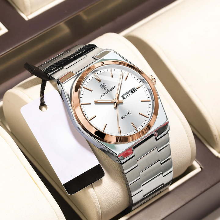 Stijlvol herenhorloge met roestvrij stalen band en kast, waterdicht en duurzaam.
