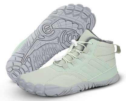 "Waterdichte ArcticBare Flex™ winter schoenen met antislip zool, ideale barefoot stijl in donkerblauwe en grijze tinten."