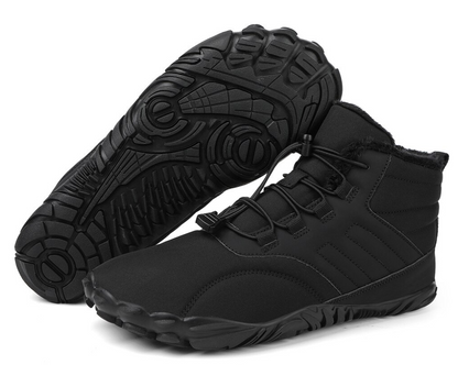 "Waterdichte ArcticBare Flex™ winter schoenen met antislip zool, ideale barefoot stijl in donkerblauwe en grijze tinten."