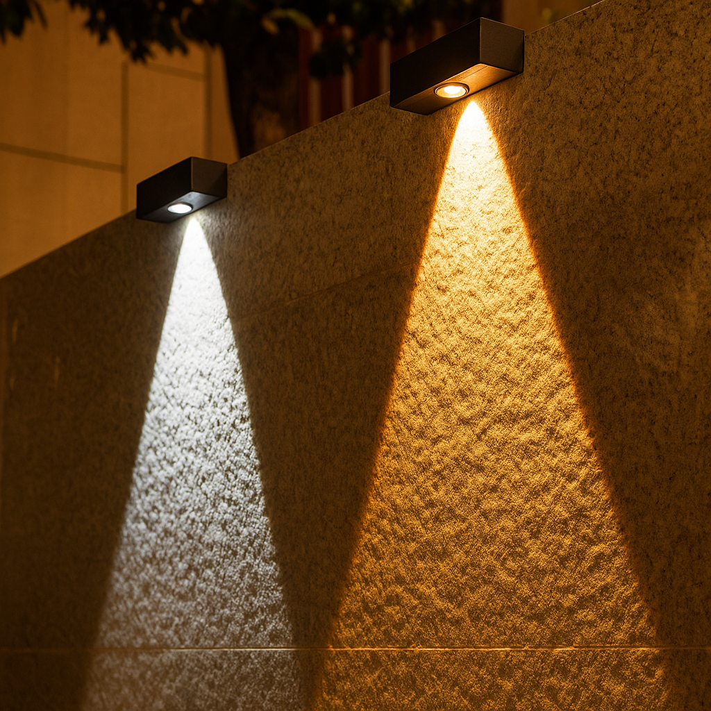 "Waterdichte LED tuinlamp op zonne-energie met dimbare modus, stijlvolle wandmontage voor buitengebruik."