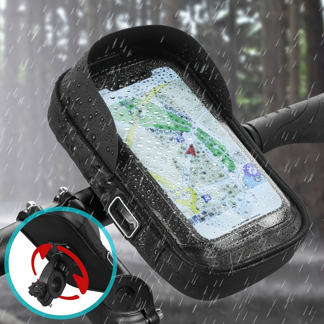 Zwarte TPU waterdichte smartphonehouder voor fietsstuur, met 360 graden draaifunctie.