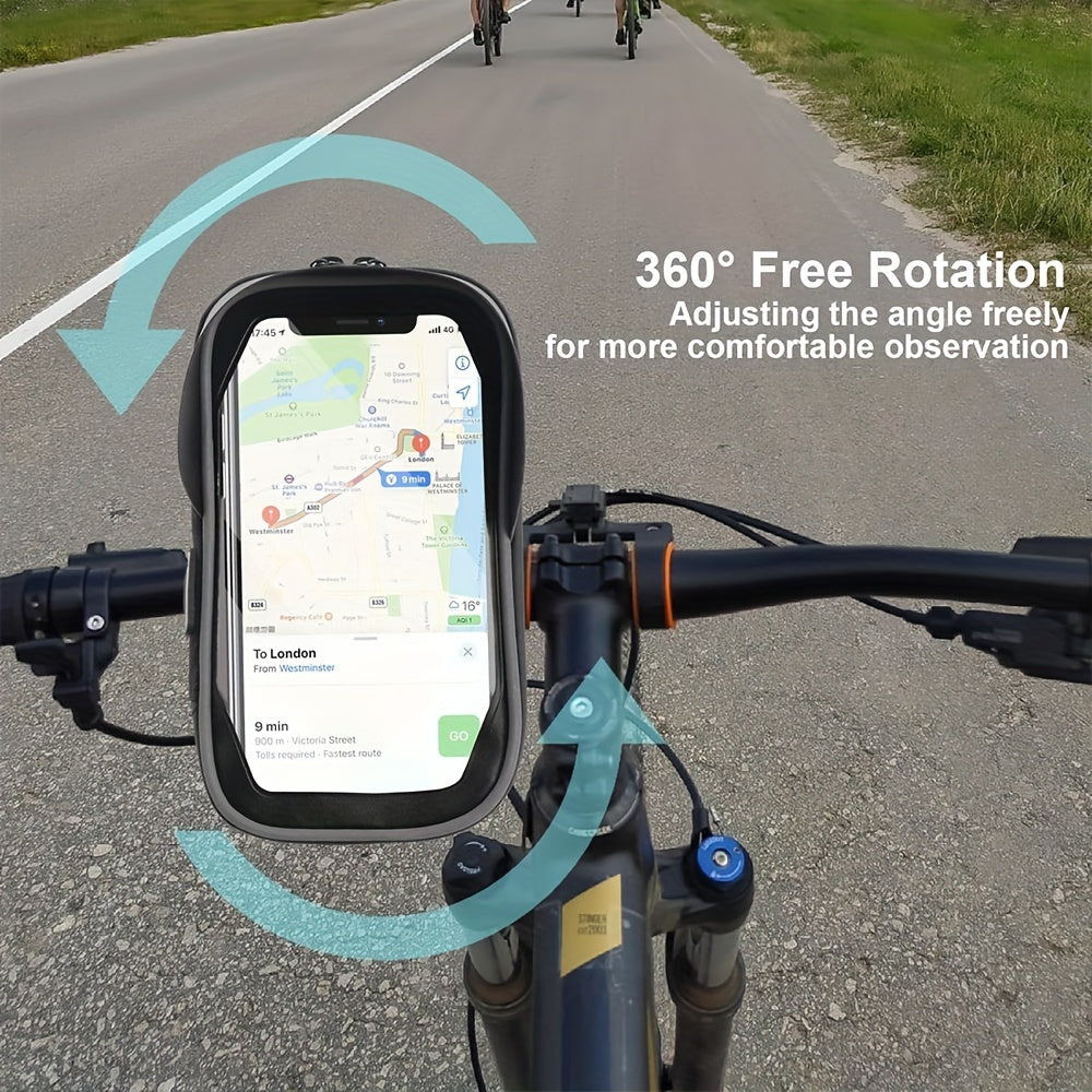 Universele waterdichte telefoonhouder voor fiets en motor, met 360° draaibaar stuurbevestiging.