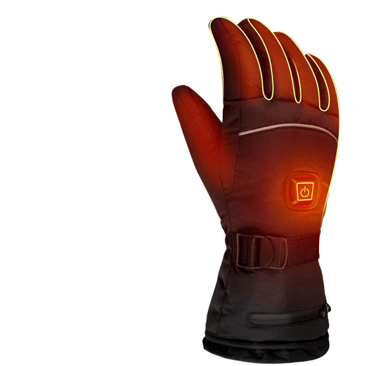 Oplaadbare verwarmde handschoenen met accu en USB-kabel voor langdurige warmte bij winterse activiteiten.