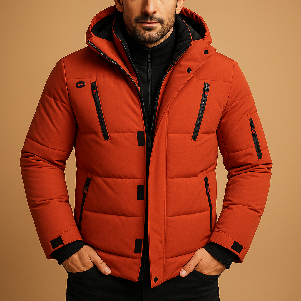 Robuuste, waterdichte heren winterjas parka. Warm en beschermend met capuchon voor koud weer outdoor.