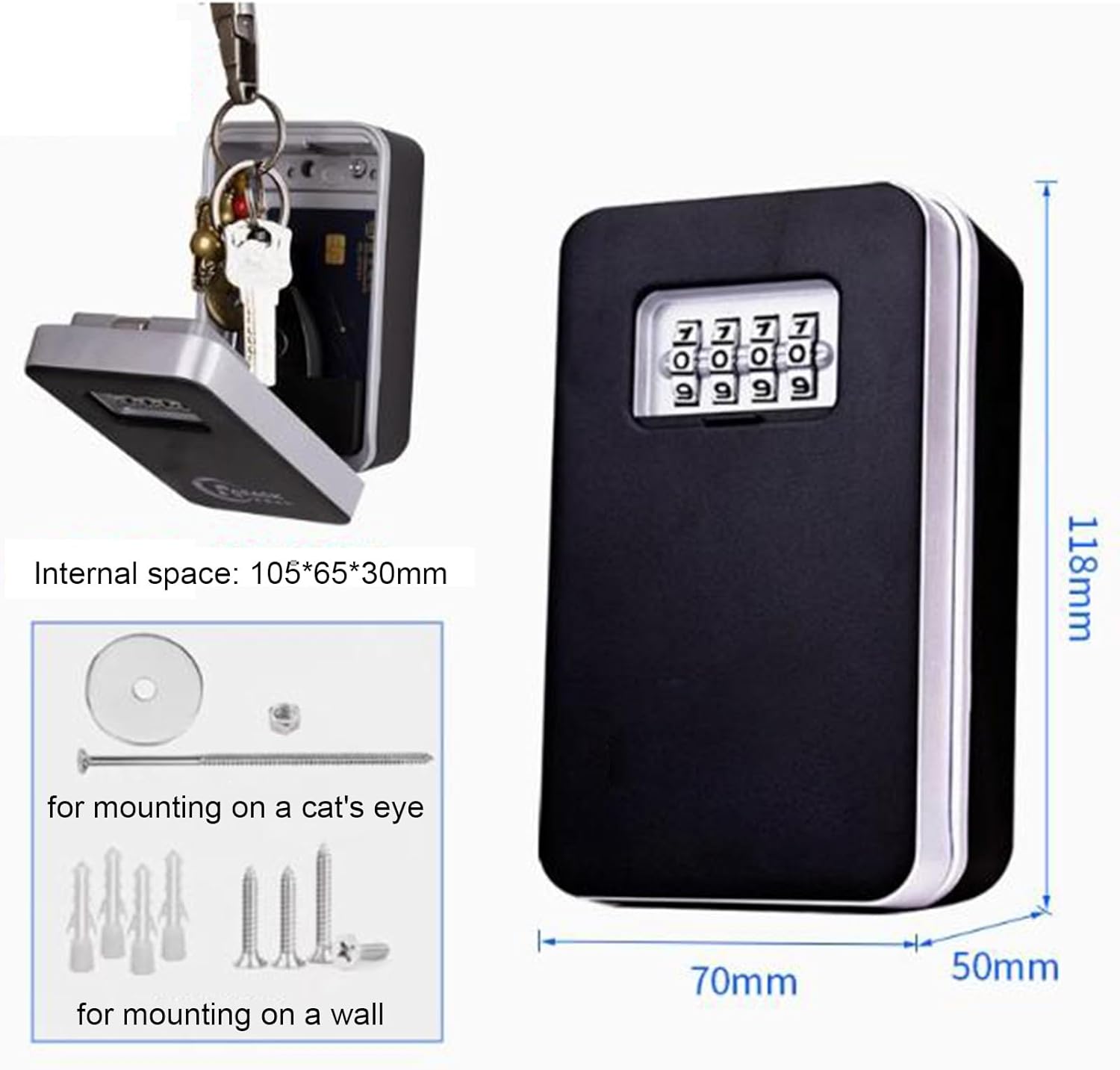 "Weerbestendige key lock box voor buiten, robuust en instelbare code, biedt beveiliging voor meerdere sleutels."