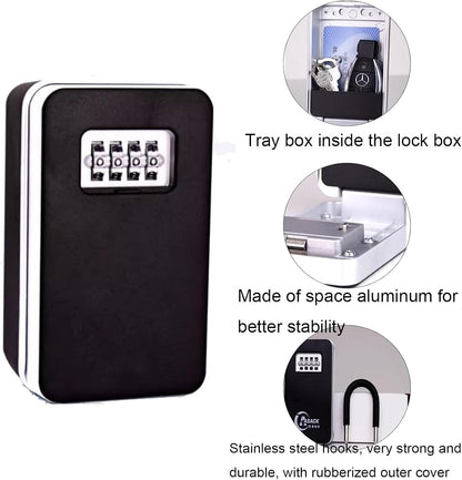 "Weerbestendige key lock box voor buiten, robuust en instelbare code, biedt beveiliging voor meerdere sleutels."