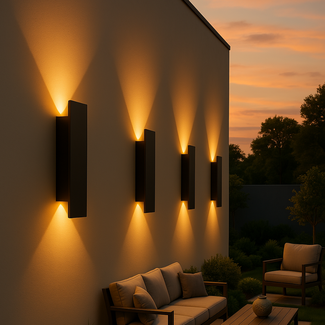 "Weerbestendige, minimalistische LED wandlamp voor buiten, ideaal voor gevel of terrasverlichting met IP65-bescherming."