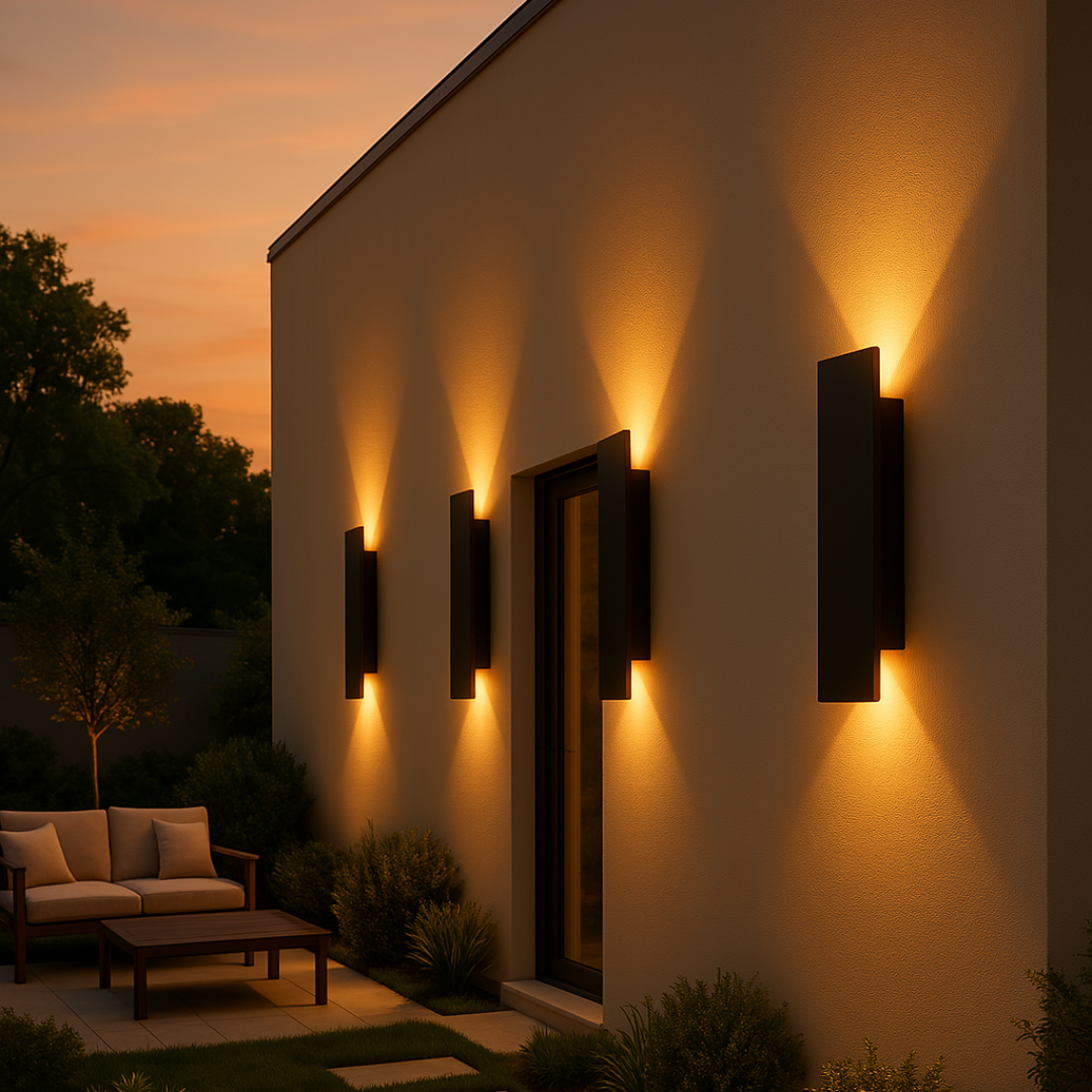"Weerbestendige, minimalistische LED wandlamp voor buiten, ideaal voor gevel of terrasverlichting met IP65-bescherming."