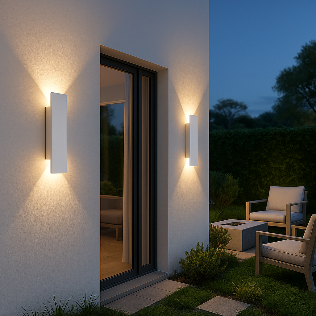 "Weerbestendige, minimalistische LED wandlamp voor buiten, ideaal voor gevel of terrasverlichting met IP65-bescherming."