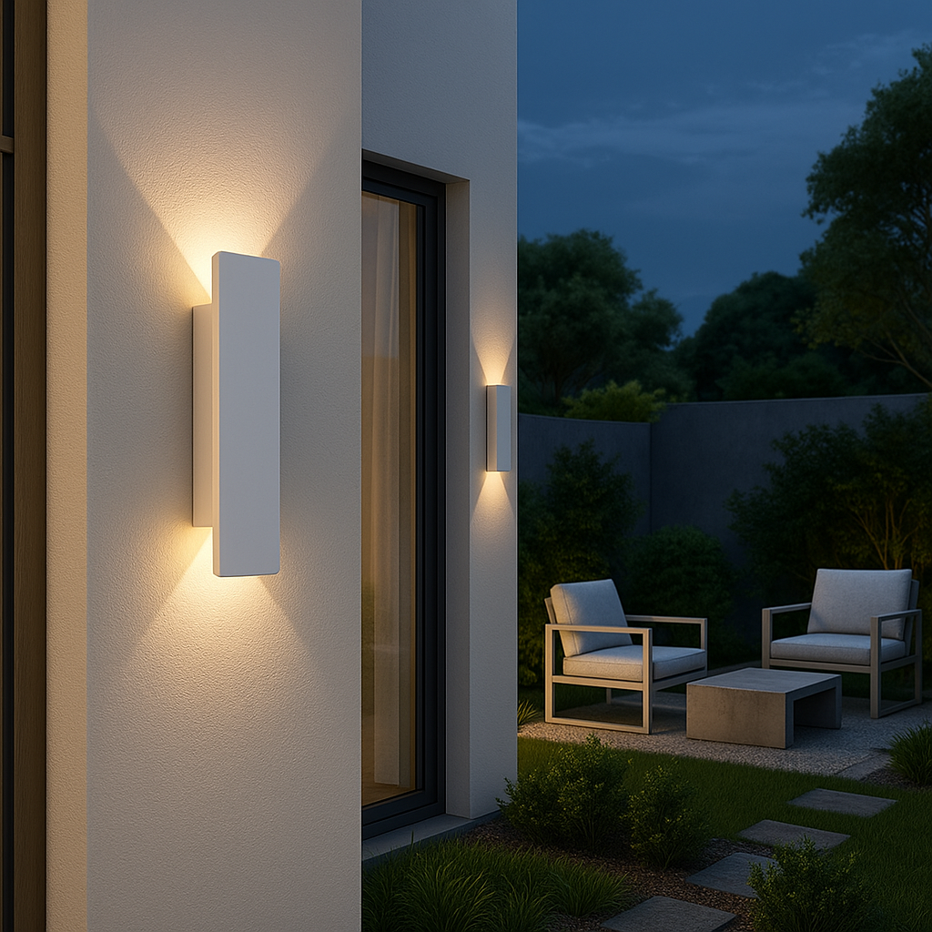 "Weerbestendige, minimalistische LED wandlamp voor buiten, ideaal voor gevel of terrasverlichting met IP65-bescherming."