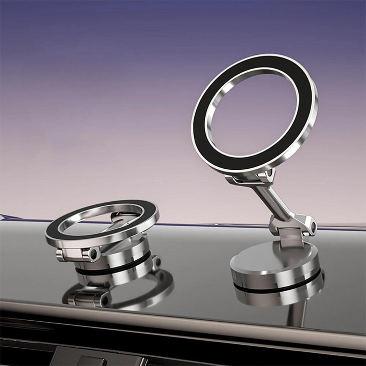 Magnetische telefoonhouder met zilveren metalen basis voor veilige smartphone grip in auto of bureau.