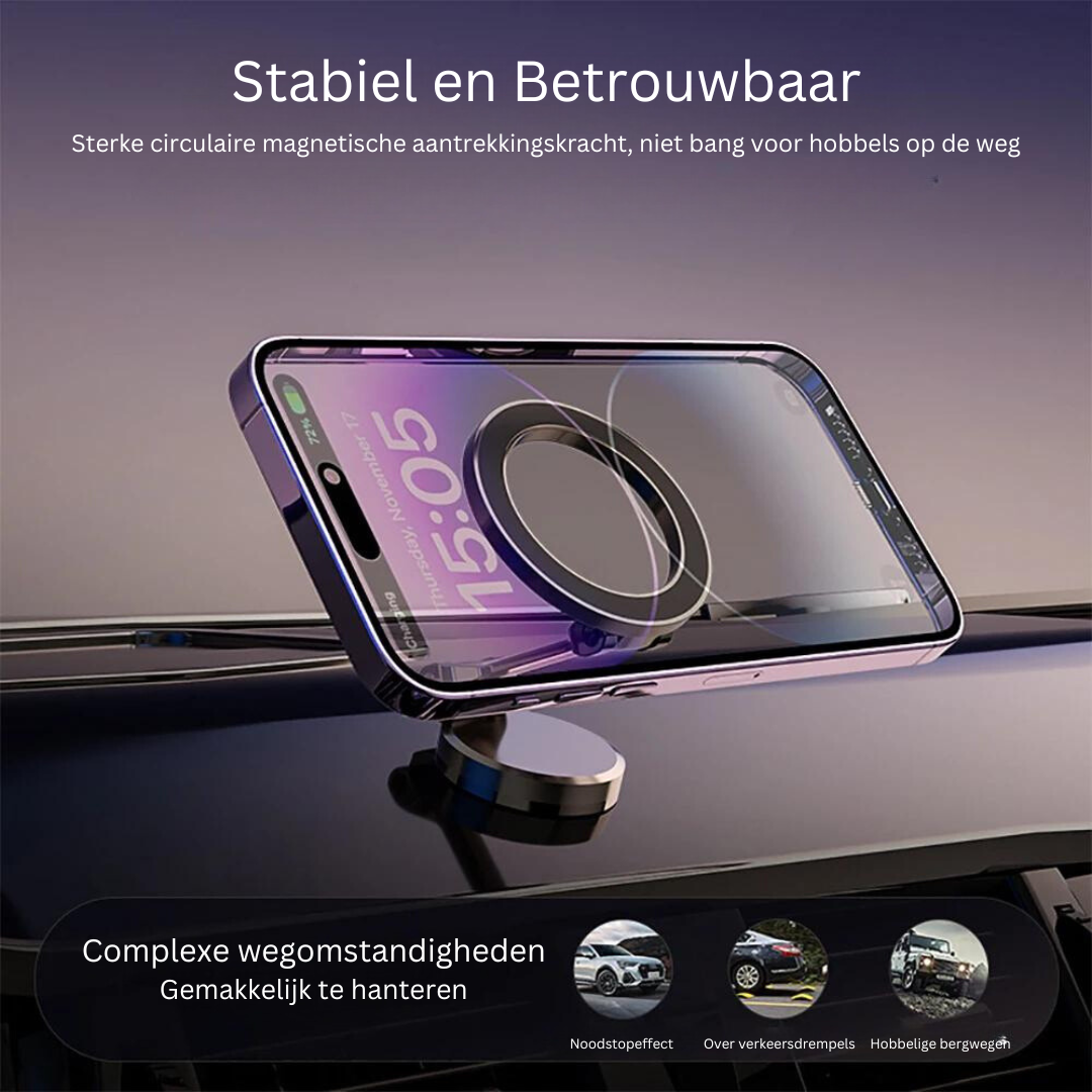 Sterke universele magnetische autohouder voor smartphone, met stevige grip en stijlvolle metalen basis.