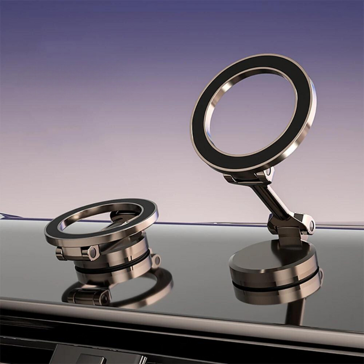 Compacte universele magnetische smartphone houder, donkergrijs metaal, ideaal voor auto en bureau.