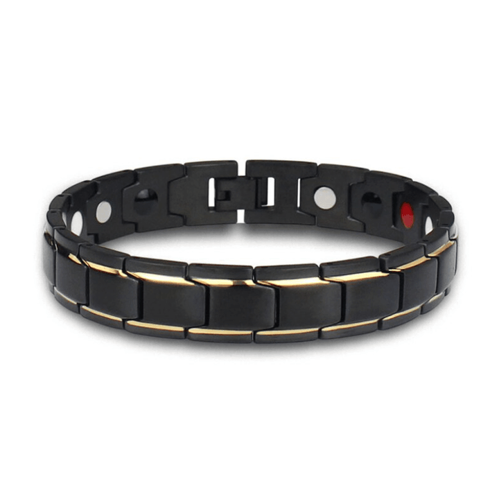 Zijaanzicht van de CoreFlex unisex magnetische armband, gemaakt van glanzend roestvrij staal.