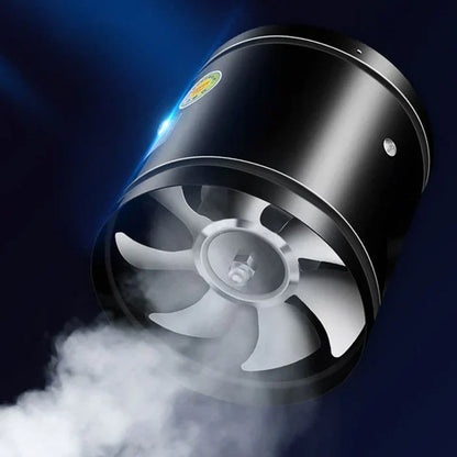 "WhisperFlow Ventilator zwart en wit, stille krachtige afzuiging voor keukens en kantoren, metalen omhulsel, energiezuinig."