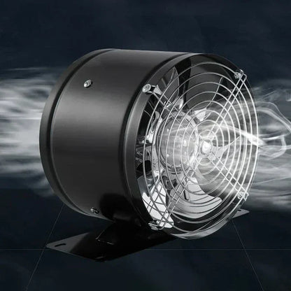 "WhisperFlow Ventilator zwart en wit, stille krachtige afzuiging voor keukens en kantoren, metalen omhulsel, energiezuinig."