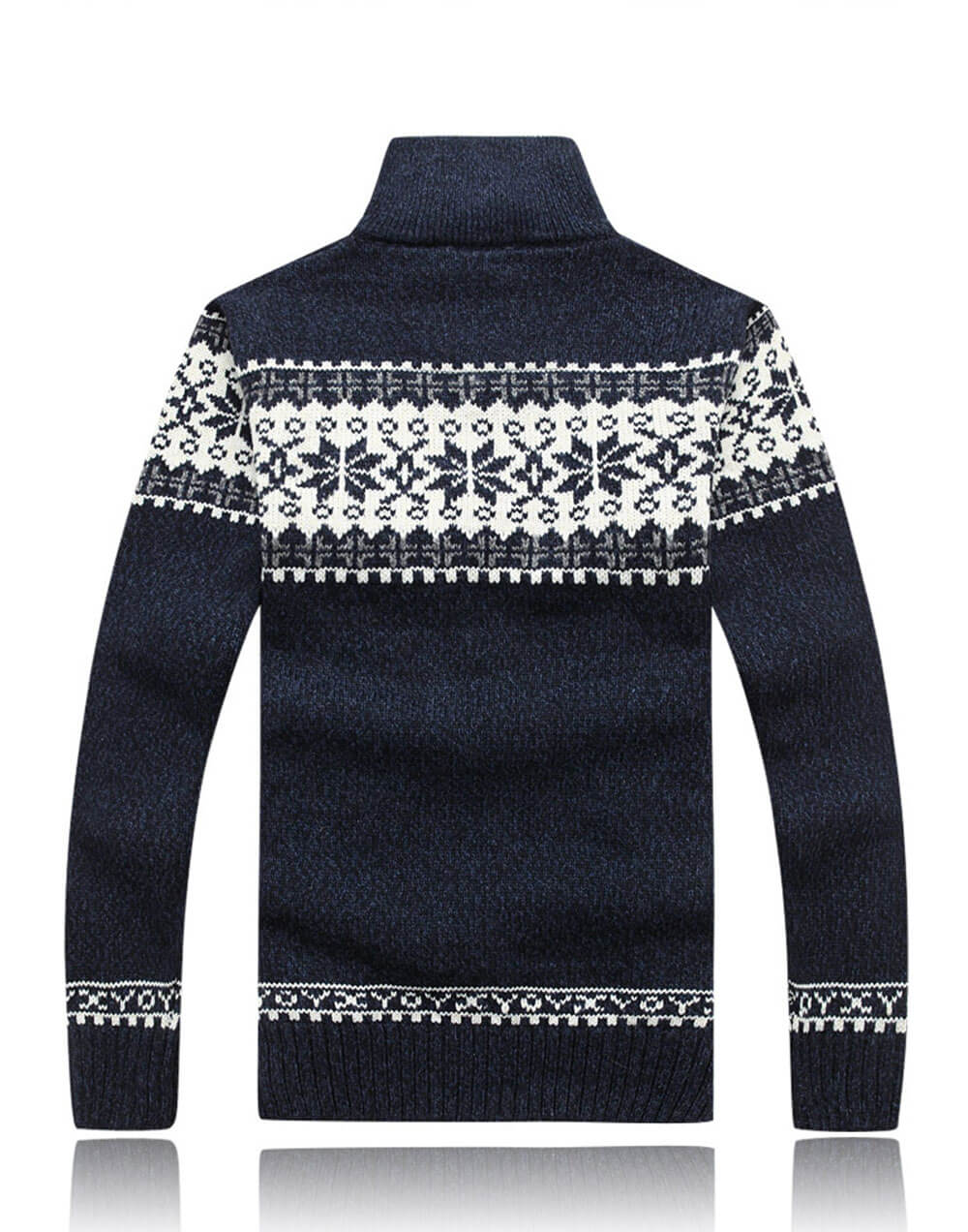 Casual heren wintervest in blauw-wit gebreid design, gedragen door model. Comfortabel en warm.