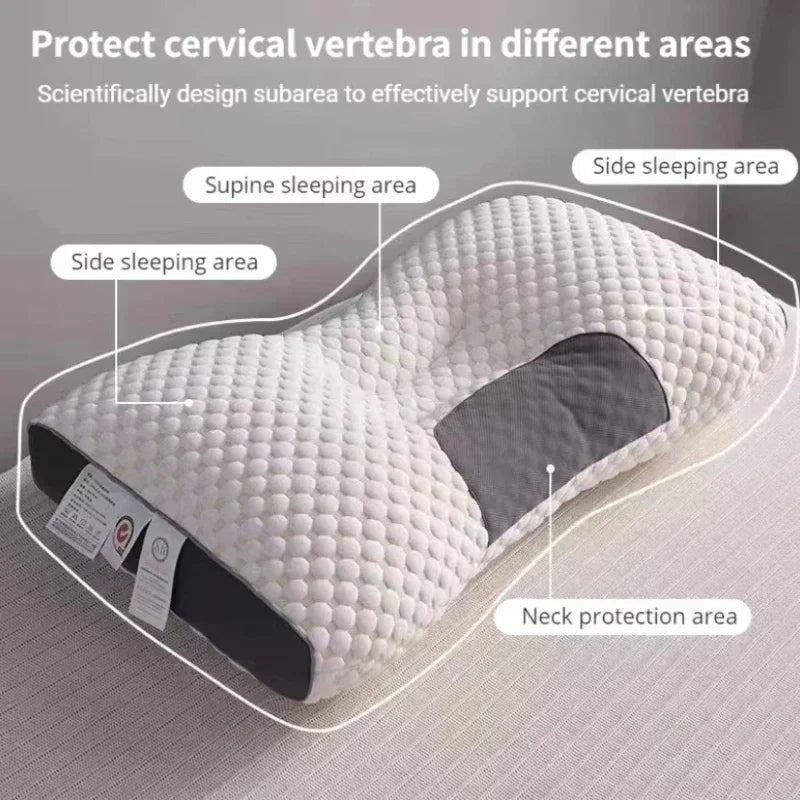 "Wit orthopedisch hoofdkussen met grijze accenten, ademend soja vezel, massagefunctie voor nek- en schouderondersteuning."