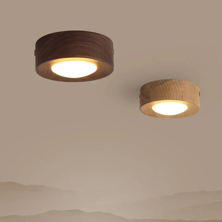 Houten plafondlamp met LED schijnwerper; modern design voor woonkamer of gang. Rond, energiezuinig essenhout.