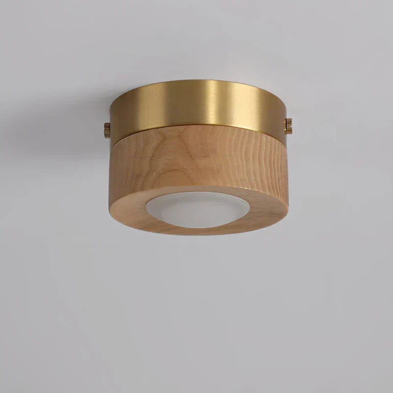 Energiezuinige plafondlamp van walnoot/essenhout met verstelbare LED spot; ideaal voor gerichte verlichting.
