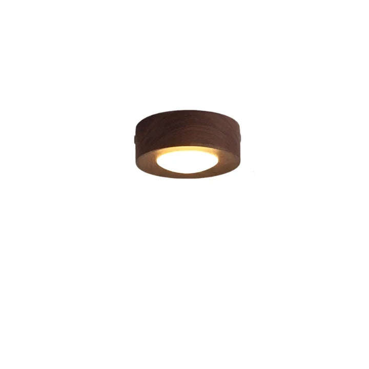 Houten LED plafondlamp; modern rond design met ingebouwde spot voor gerichte sfeerverlichting.