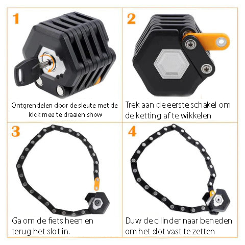 Stevig geplooid fietsslot, uitgevouwen en klaar voor gebruik, biedt ultieme diefstalbescherming.