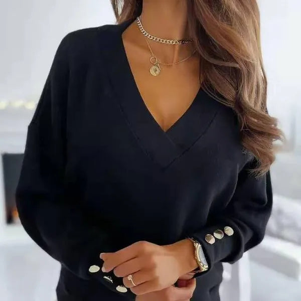 Modieuze dames V-hals trui, ideaal voor elegante of casual winter outfits. Zachte katoen mix trui.