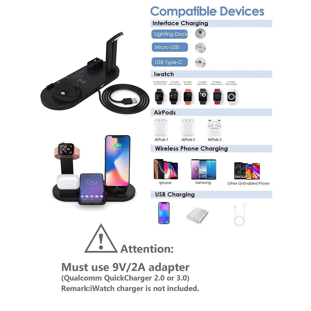 Draadloos opladen van Apple iPhone, Watch, AirPods op een multifunctioneel bureau oplaadstation.