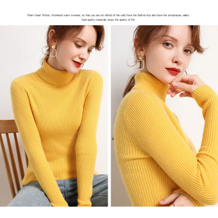 Zachte dames trui met hoge col, kasjmierlook, ideaal voor koude dagen.